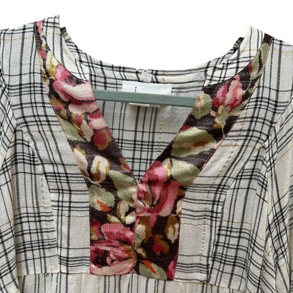 Anthropologie Top Blouse Darlene Long Sleeves Plaid Floral Bohemian Babydoll SM - Picture 3 of 9